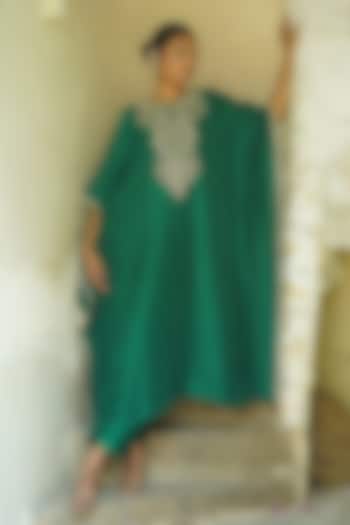 Emerald Green Silk Hand Embroidered Kaftan by Deep thee at Pernia's Pop Up Shop