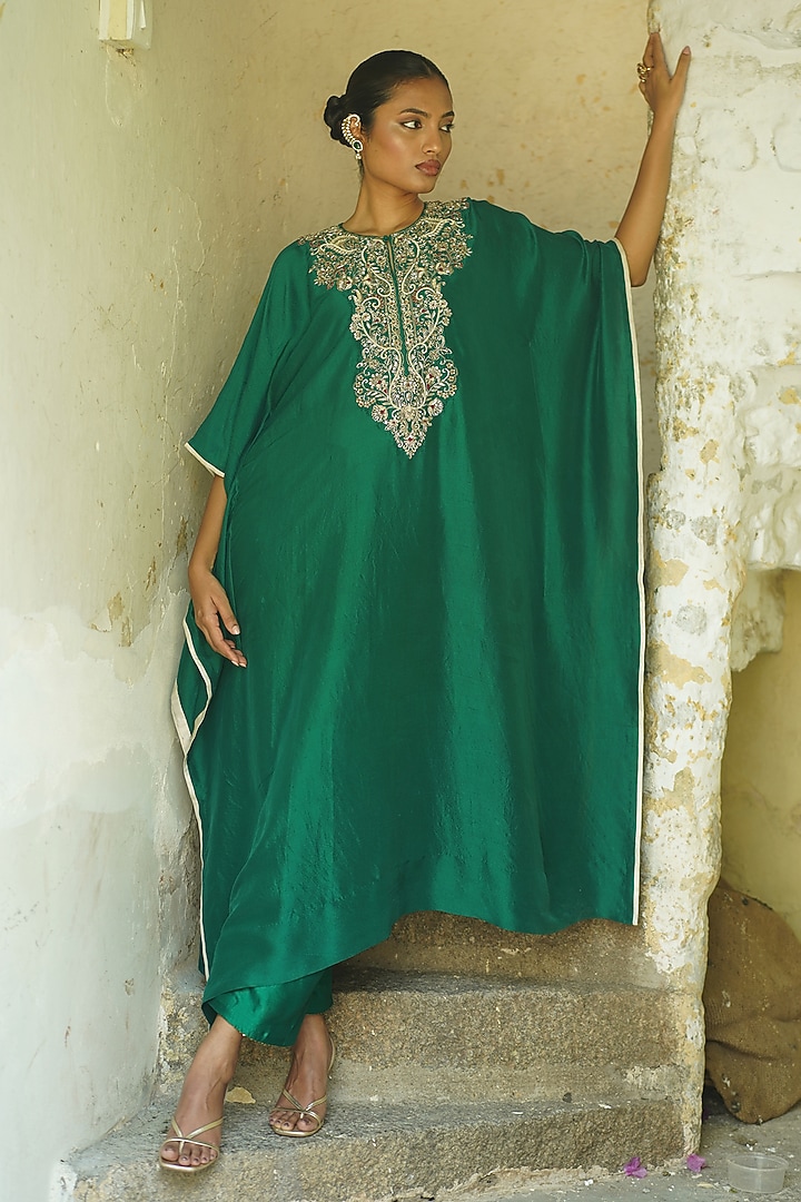 Emerald Green Silk Hand Embroidered Kaftan by Deep thee at Pernia's Pop Up Shop