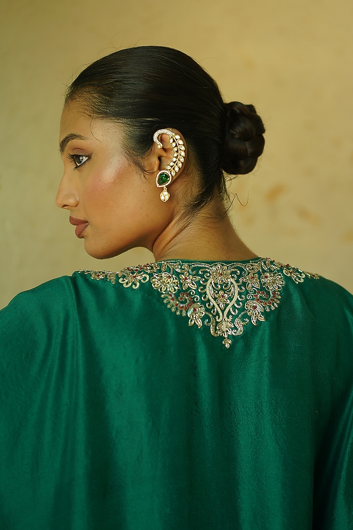 Emerald Green Silk Hand Embroidered Kaftan by Deep thee at Pernia's Pop Up Shop