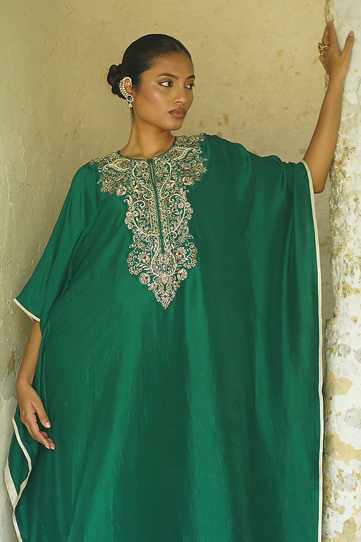 Emerald Green Silk Hand Embroidered Kaftan by Deep thee at Pernia's Pop Up Shop