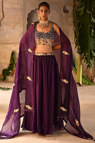 Aubergine Silk & Organza Jaal Embroidered Lehenga Set by Deep Thee