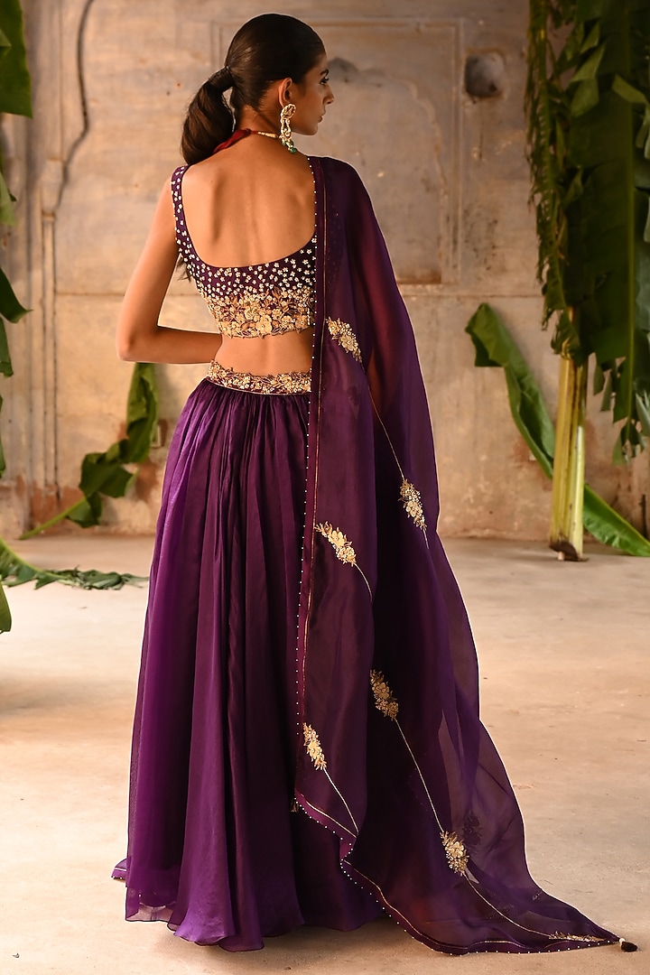 Aubergine Silk & Organza Jaal Embroidered Wedding Lehenga Set by Deep Thee at Pernia's Pop Up Shop