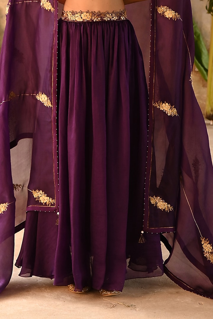 Aubergine Silk & Organza Jaal Embroidered Wedding Lehenga Set by Deep Thee at Pernia's Pop Up Shop