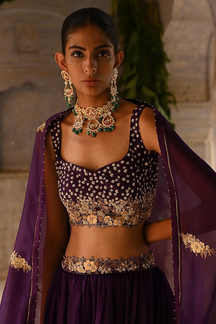 Aubergine Silk & Organza Jaal Embroidered Wedding Lehenga Set by Deep Thee at Pernia's Pop Up Shop