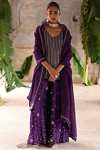 Aubergine Chanderi Moti Embroidered Kurta Set by Deep Thee