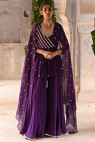 Aubergine Chanderi Sharara Set by Deep Thee