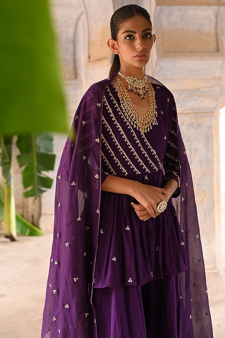 Aubergine Chanderi Wedding Sharara Set by Deep Thee at Pernia's Pop Up Shop
