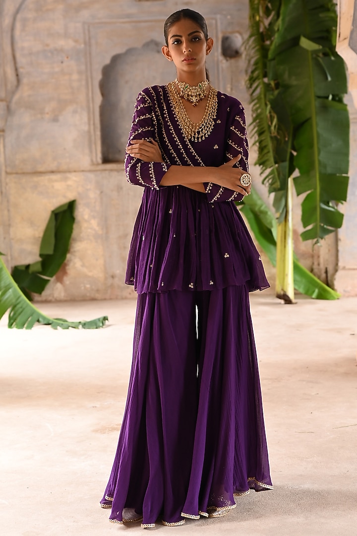 Aubergine Chanderi Wedding Sharara Set by Deep Thee at Pernia's Pop Up Shop