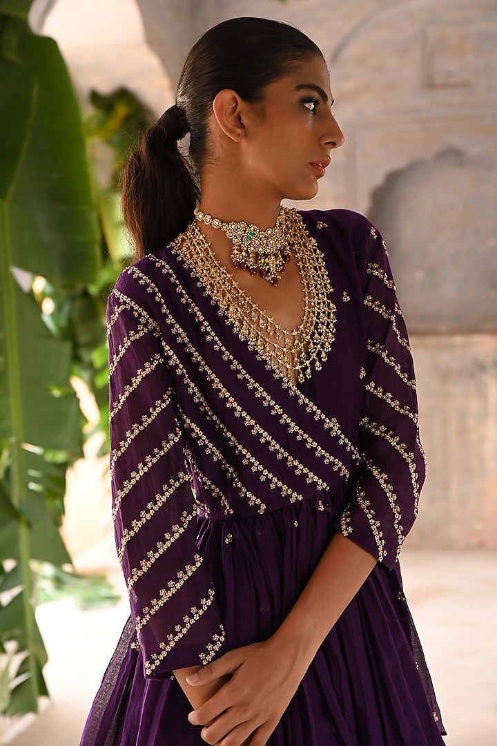 Aubergine Chanderi Wedding Sharara Set by Deep Thee at Pernia's Pop Up Shop