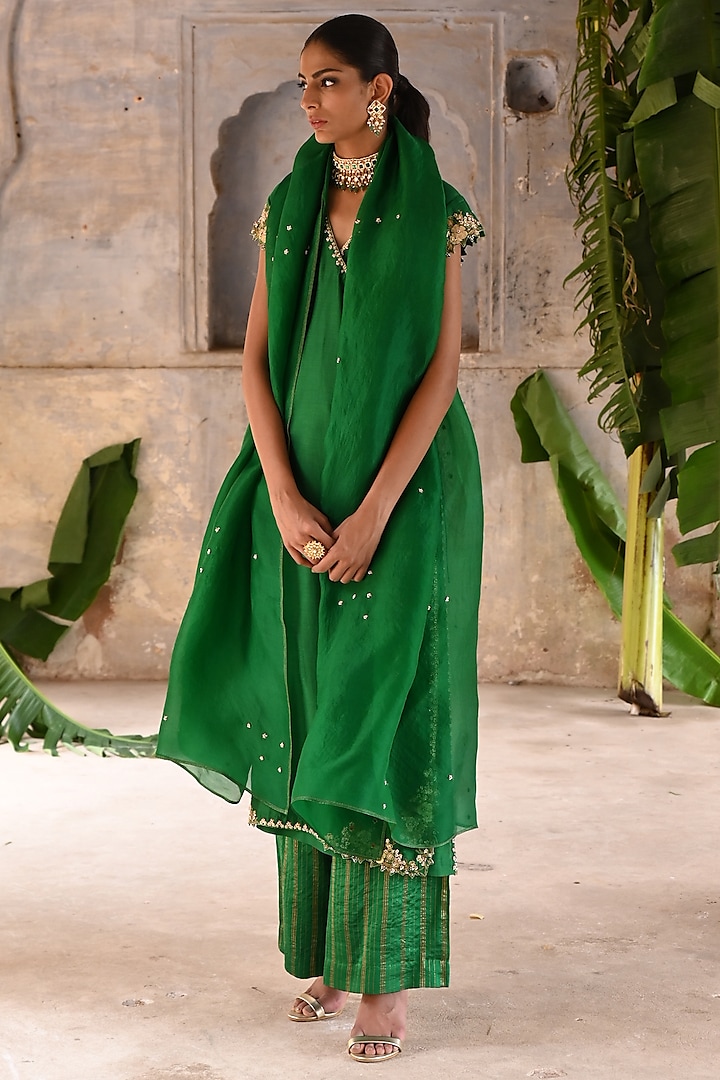 Green Chanderi & Organza Zardosi Embroidered Angrakha Kurta Set by Deep Thee