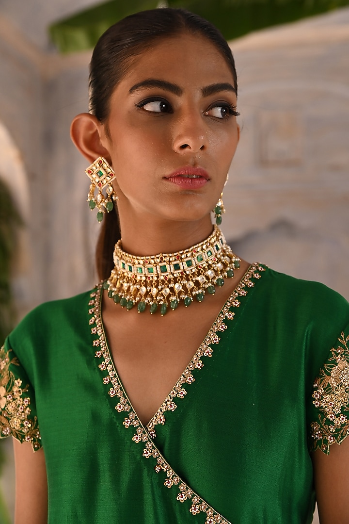 Green Chanderi & Organza Zardosi Embroidered Angrakha Kurta Set by Deep Thee at Pernia's Pop Up Shop