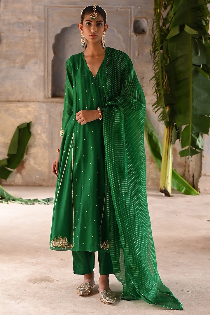 Green Chanderi Zardosi Embroidered Angrakha Kurta Set by Deep Thee