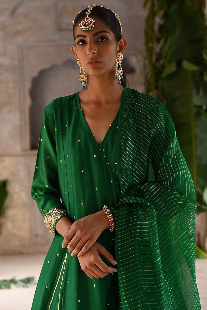 Green Chanderi Zardosi Embroidered Angrakha Kurta Set by Deep Thee at Pernia's Pop Up Shop