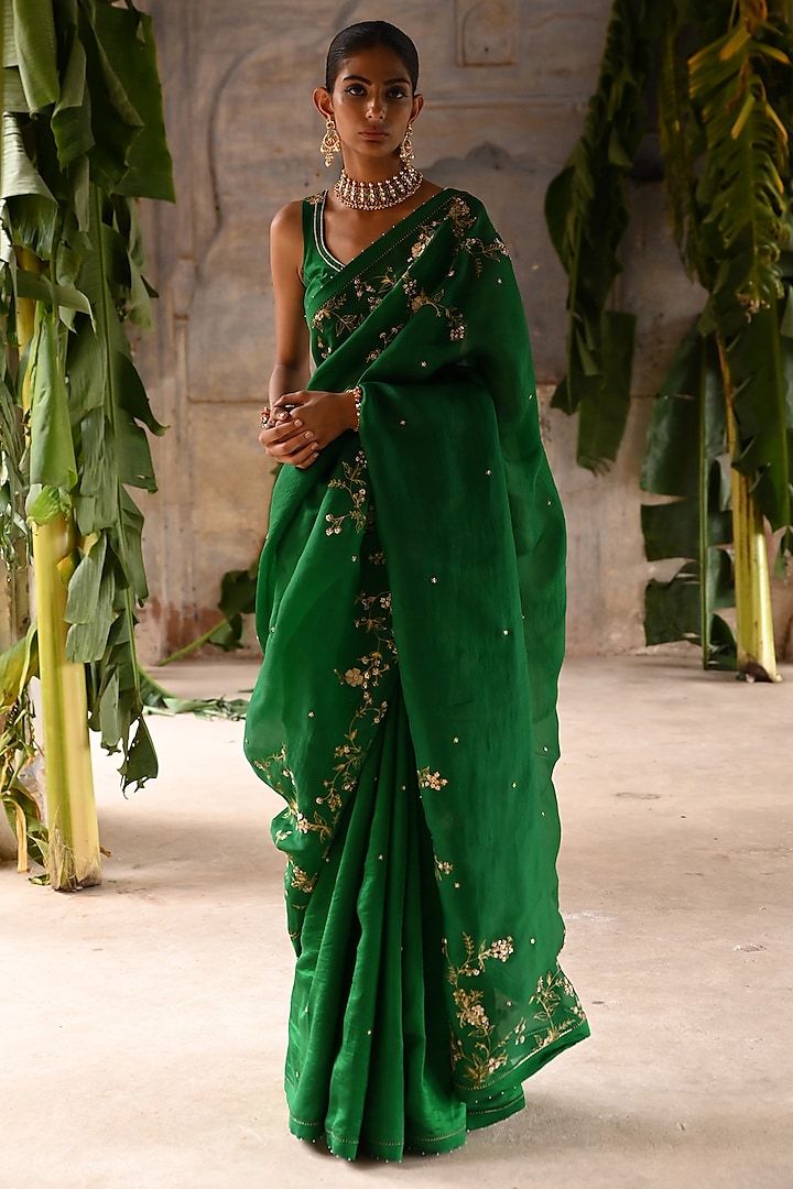 Green Silk & Organza Jaal Embroidered Saree Set by Deep Thee