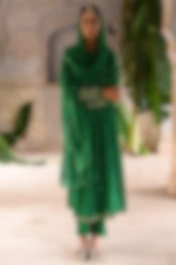Green Chanderi Zari Embroidered Angrakha Anarkali Set by Deep Thee