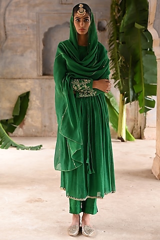 Green Chanderi Zari Embroidered Angrakha Anarkali Set by Deep Thee