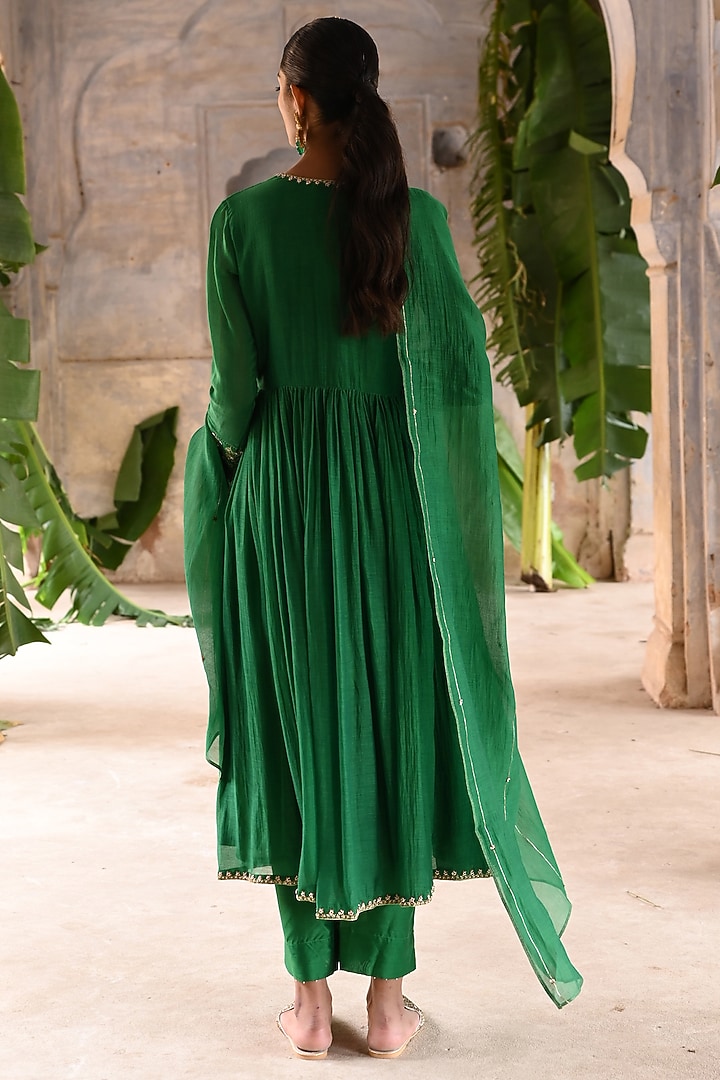 Green Chanderi Zari Embroidered Angrakha Wedding Anarkali Set by Deep Thee at Pernia's Pop Up Shop