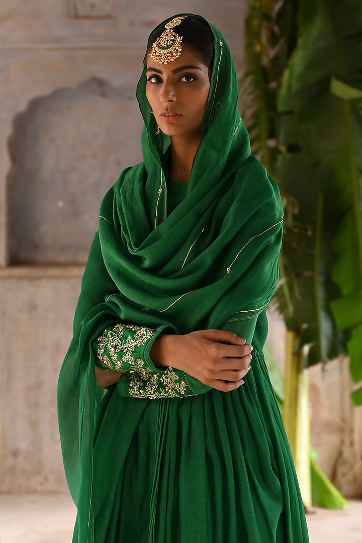 Green Chanderi Zari Embroidered Angrakha Wedding Anarkali Set by Deep Thee at Pernia's Pop Up Shop