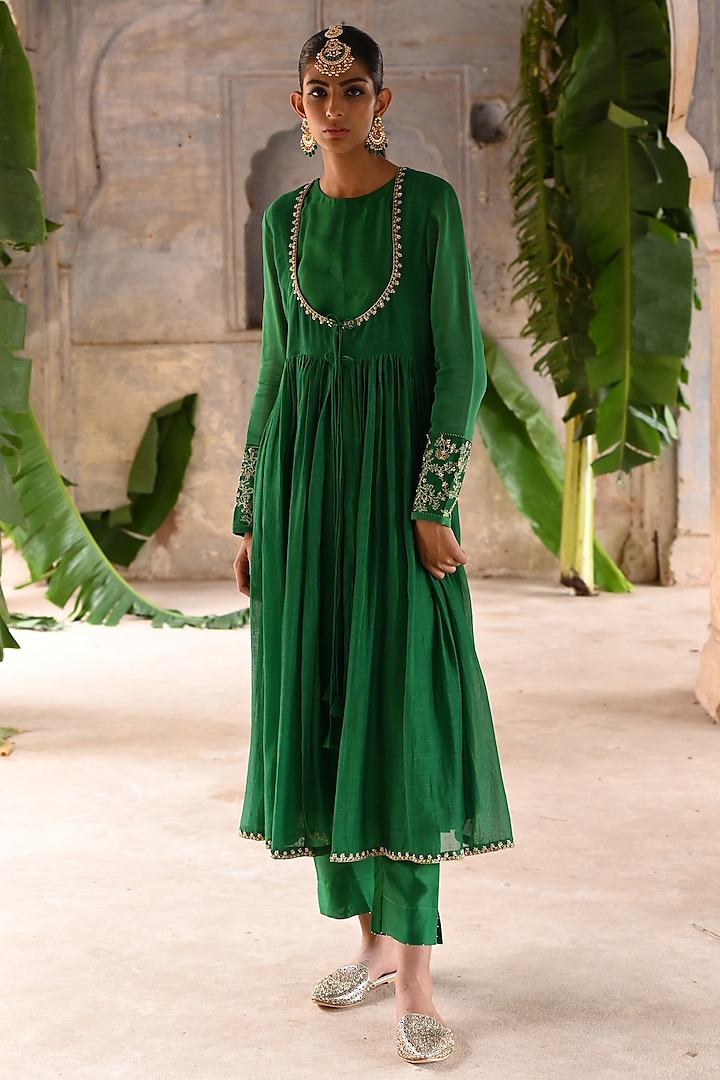 Green Chanderi Zari Embroidered Angrakha Wedding Anarkali Set by Deep Thee at Pernia's Pop Up Shop