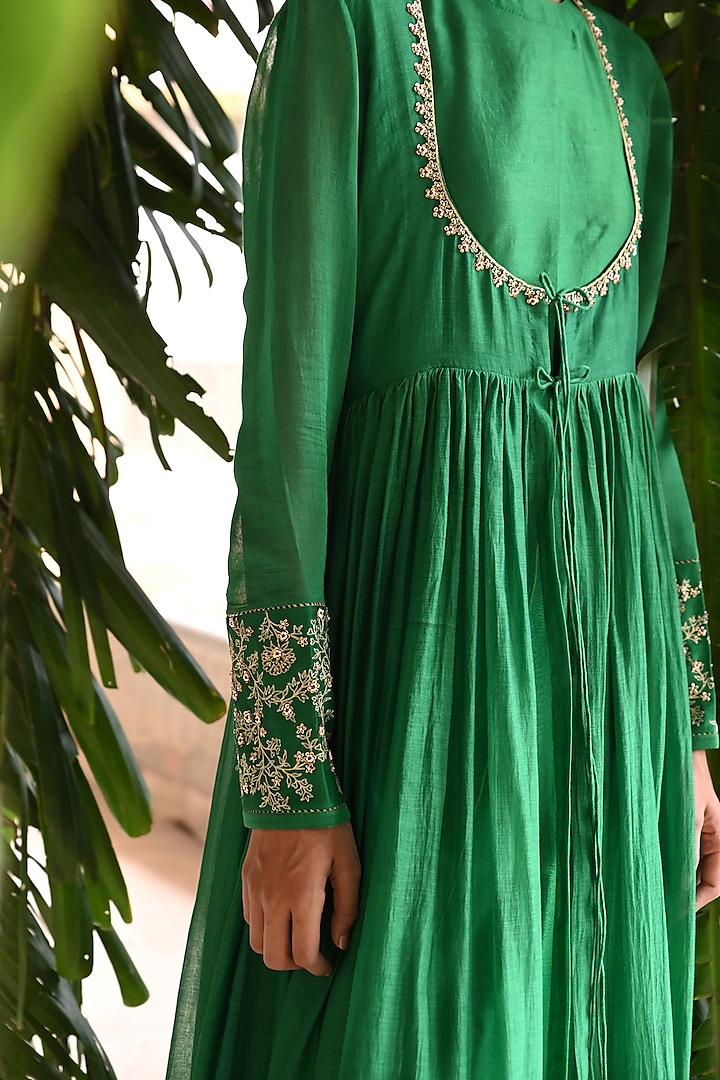 Green Chanderi Zari Embroidered Angrakha Wedding Anarkali Set by Deep Thee at Pernia's Pop Up Shop