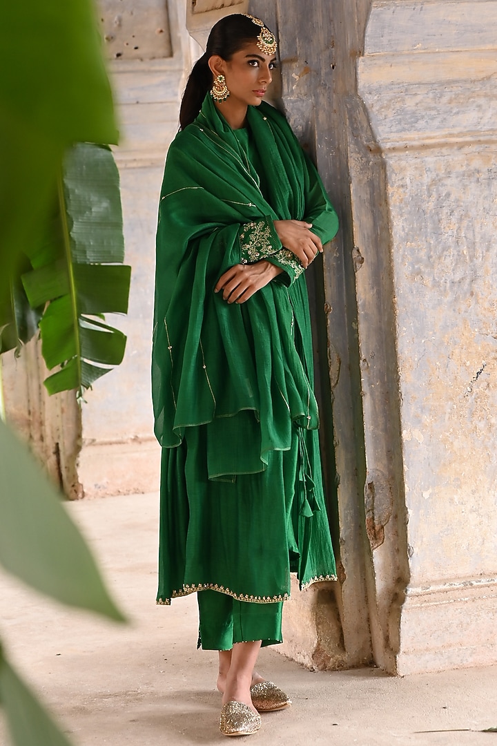 Green Chanderi Zari Embroidered Angrakha Wedding Anarkali Set by Deep Thee at Pernia's Pop Up Shop