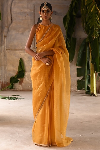 Mustard Yellow Organza & Silk Zardosi Embroidered Saree Set by Deep Thee