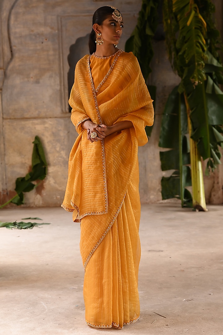 Mustard Yellow Organza & Silk Zardosi Embroidered Wedding Saree Set by Deep Thee at Pernia's Pop Up Shop