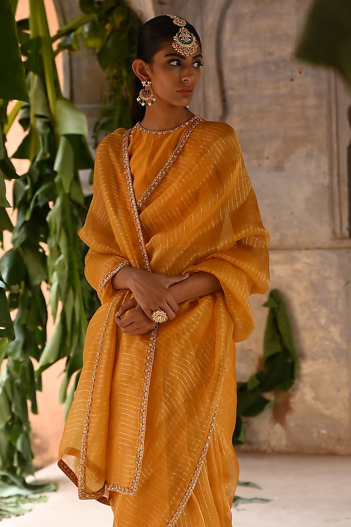 Sunflower Yellow Satin Silk Saree Set Design by Peeli Dori at Pernia's Pop  Up Shop 2024