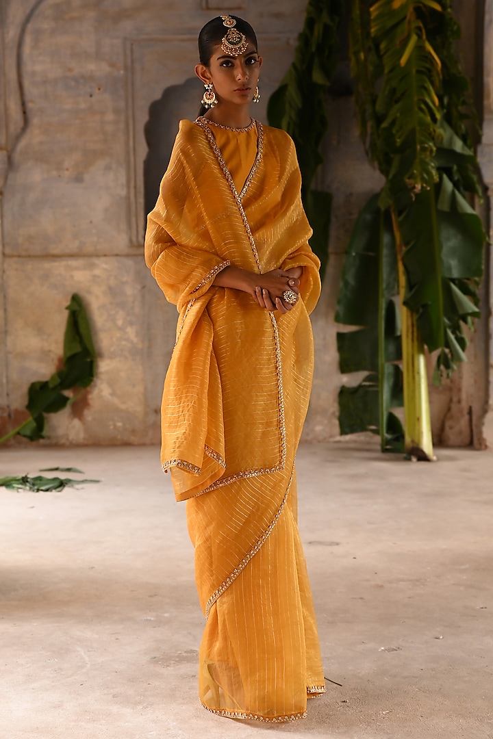 Mustard Yellow Organza & Silk Zardosi Embroidered Wedding Saree Set by Deep Thee at Pernia's Pop Up Shop