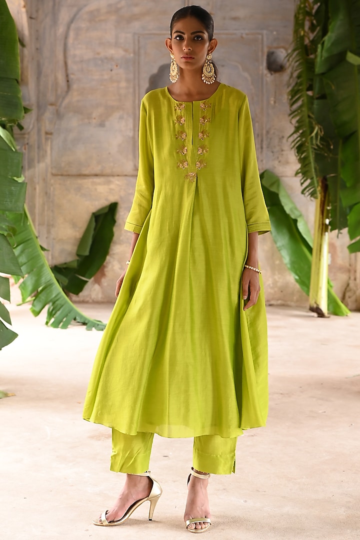 Lime Green Chanderi Embroidered A-Line Kurta Set by Deep Thee
