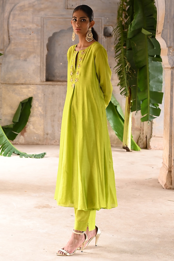 Lime Green Chanderi Embroidered A-Line Kurta Set by Deep Thee at Pernia's Pop Up Shop