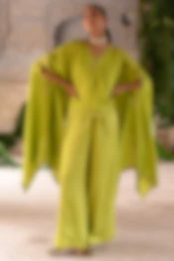 Lime Green Chanderi Zari Embroidered Cape Set by Deep Thee