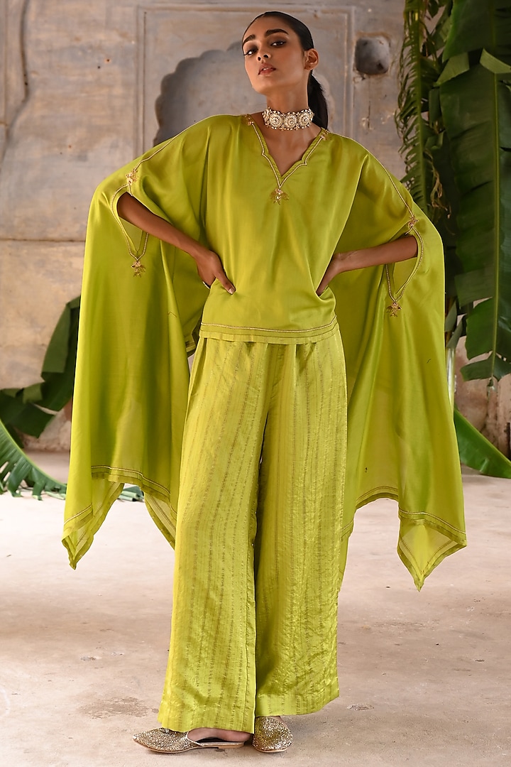 Lime Green Chanderi Zari Embroidered Cape Set by Deep Thee