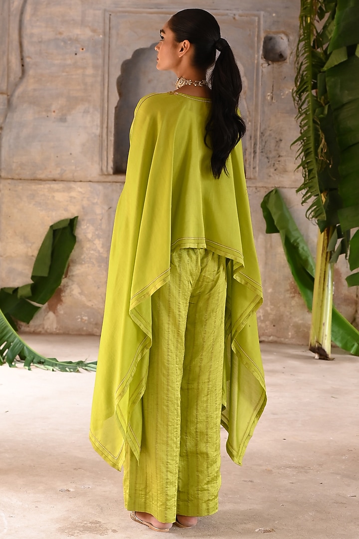 Lime Green Chanderi Zari Embroidered Cape Set by Deep Thee at Pernia's Pop Up Shop