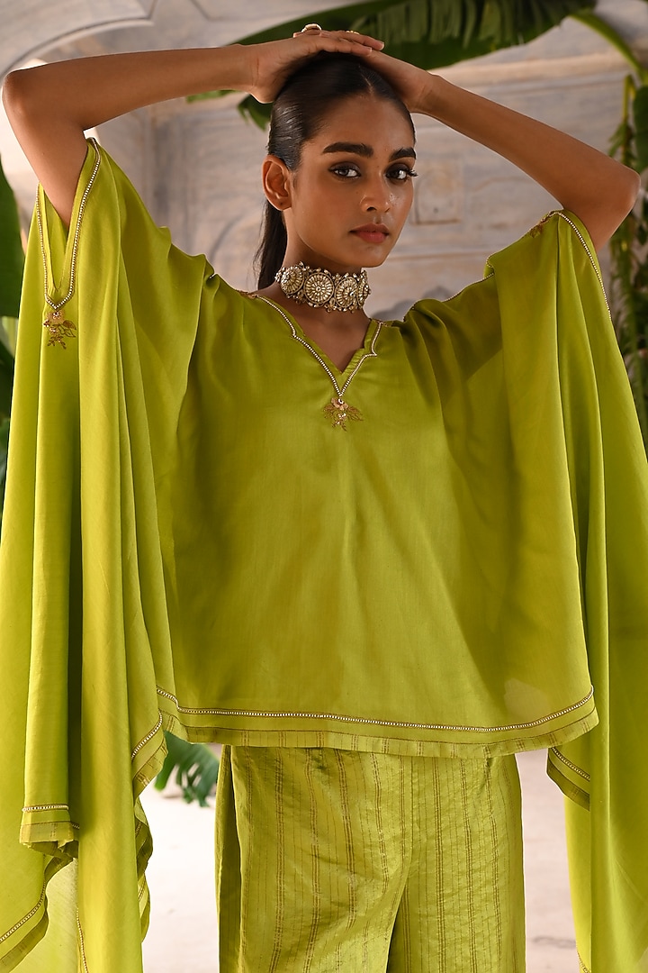 Lime Green Chanderi Zari Embroidered Cape Set by Deep Thee at Pernia's Pop Up Shop