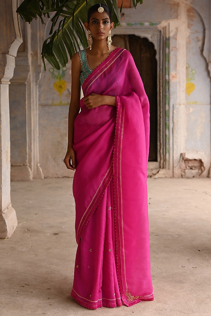 Fuchsia Pink Silk & Organza Embroidered Saree Set by Deep Thee