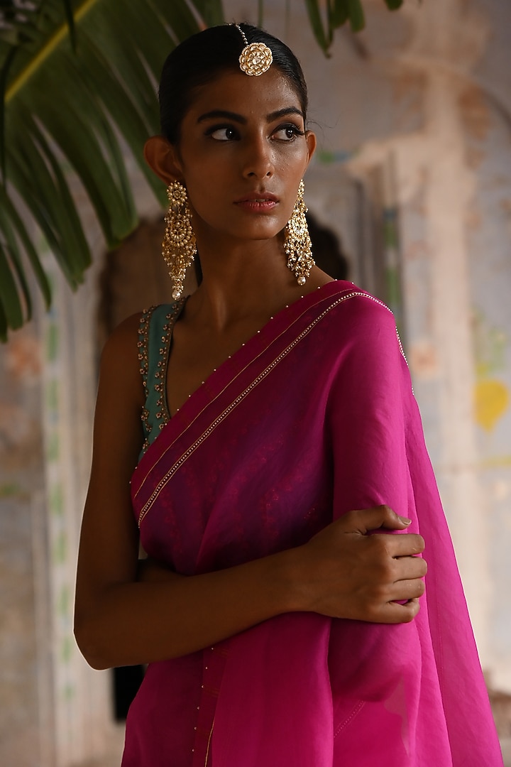 Fuchsia Pink Silk & Organza Embroidered Wedding Saree Set by Deep Thee at Pernia's Pop Up Shop