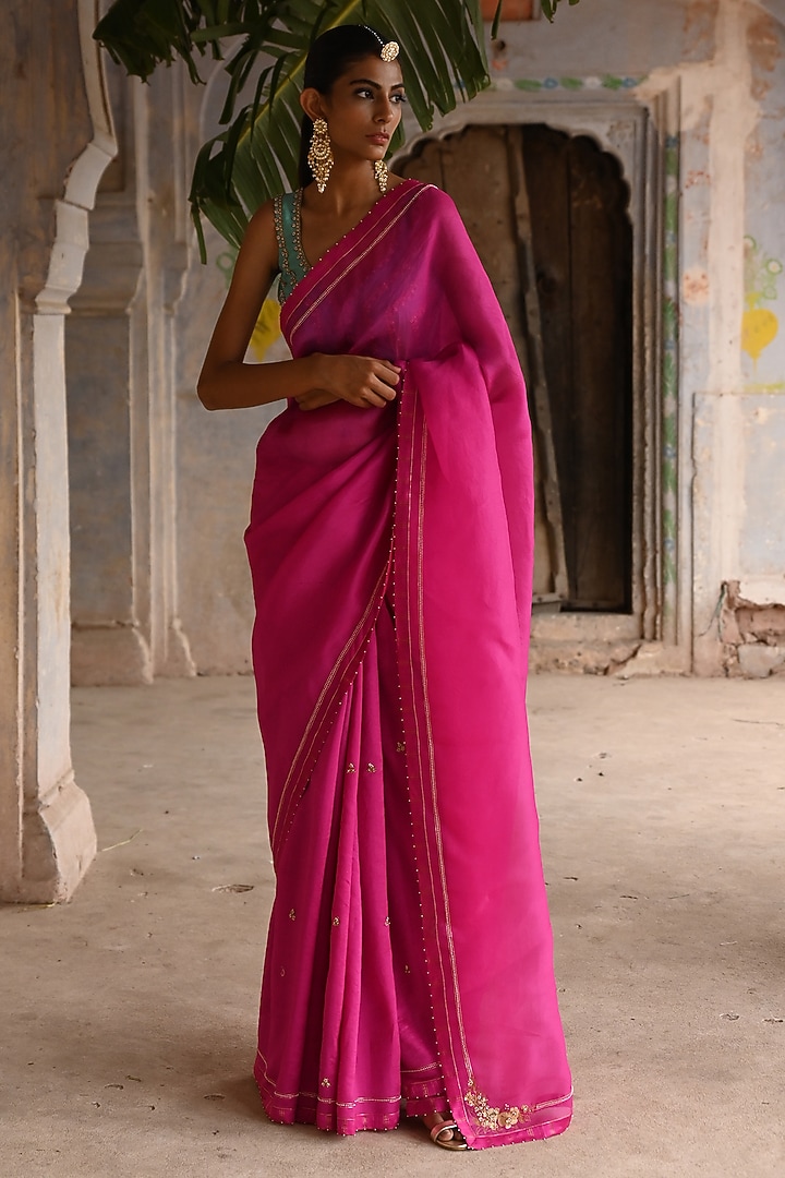 Fuchsia Pink Silk & Organza Embroidered Wedding Saree Set by Deep Thee at Pernia's Pop Up Shop