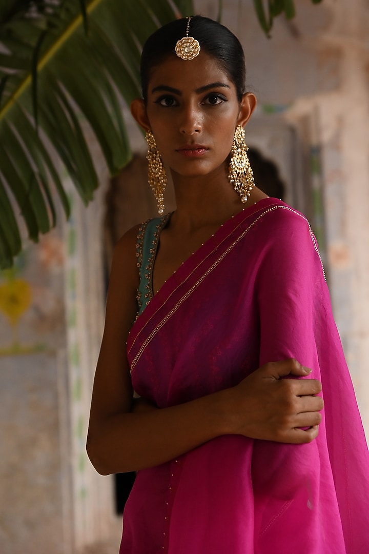 Fuchsia Pink Silk & Organza Embroidered Wedding Saree Set by Deep Thee at Pernia's Pop Up Shop