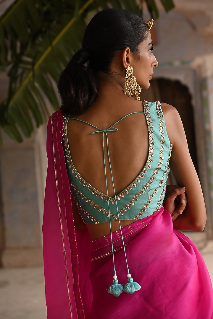 Fuchsia Pink Silk & Organza Embroidered Wedding Saree Set by Deep Thee at Pernia's Pop Up Shop