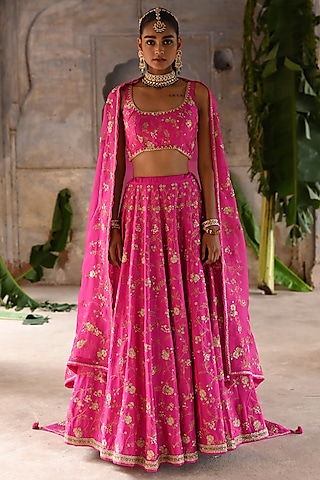 Fuchsia Pink Silk & Organza Jaal Embroidered Lehenga Set by Deep Thee