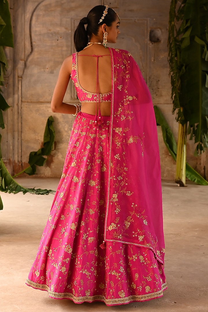 Fuchsia Pink Silk & Organza Jaal Embroidered Bridal Lehenga Set by Deep Thee at Pernia's Pop Up Shop