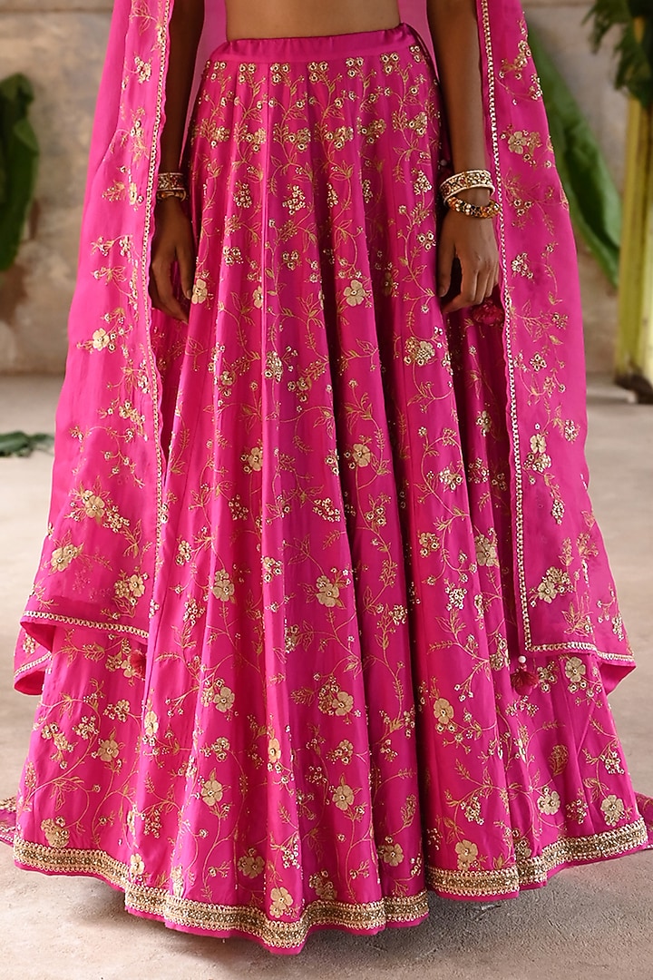 Fuchsia Pink Silk & Organza Jaal Embroidered Bridal Lehenga Set by Deep Thee at Pernia's Pop Up Shop