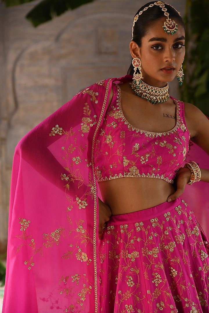 Fuchsia Pink Silk & Organza Jaal Embroidered Bridal Lehenga Set by Deep Thee at Pernia's Pop Up Shop