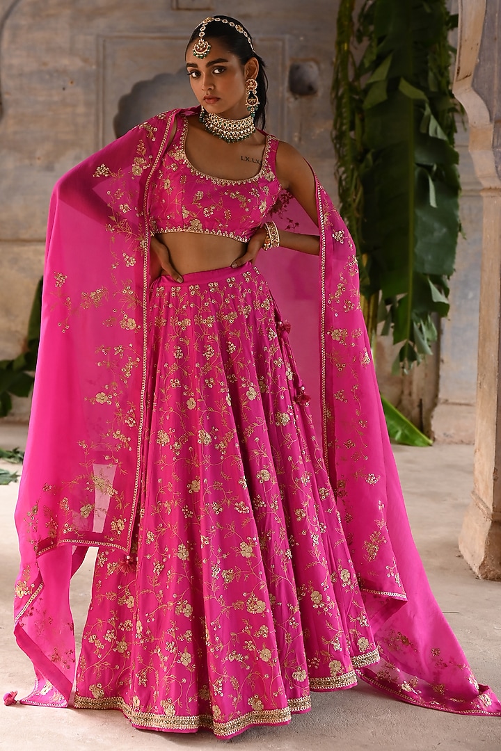 Fuchsia Pink Silk & Organza Jaal Embroidered Bridal Lehenga Set by Deep Thee at Pernia's Pop Up Shop