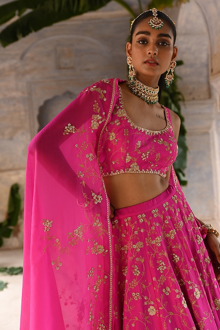 Fuchsia Pink Silk & Organza Jaal Embroidered Bridal Lehenga Set by Deep Thee at Pernia's Pop Up Shop