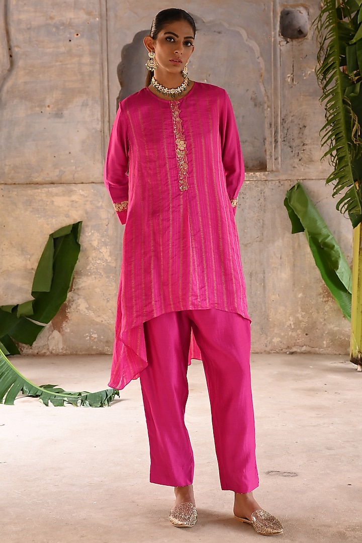 Fuchsia Pink Silk Jaal Embroidered Co-Ord Set by Deep Thee