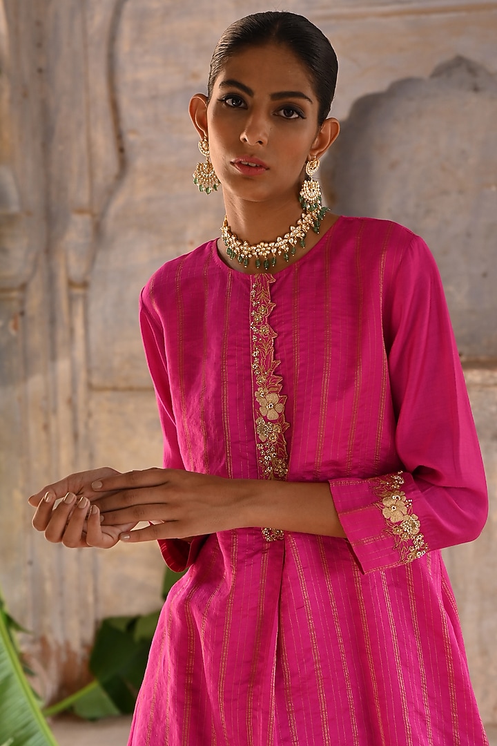 Fuchsia Pink Silk Jaal Embroidered Co-Ord Set by Deep Thee at Pernia's Pop Up Shop