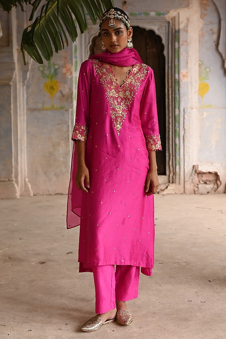 Fuchsia Pink Silk Jaal Embroidered A-Line Kurta Set by Deep Thee