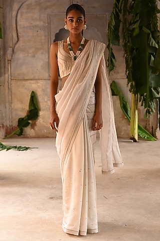Ivory Silk & Organza Moti Embroidered Saree Set by Deep Thee